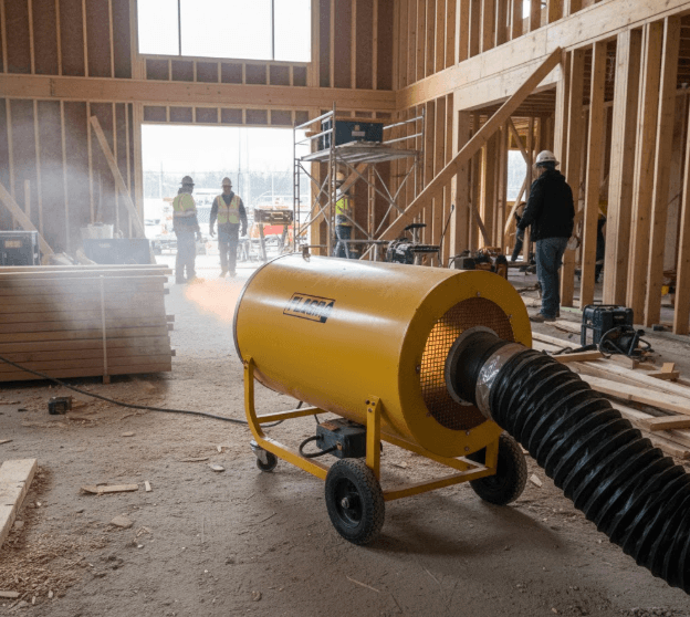 Flagro forced air construction heater warming a large construction workspace
