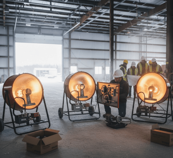Flagro radiant heater providing infrared warmth on a construction jobsite
