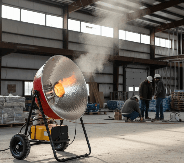 Flagro infrared radiant heater warming an outdoor construction workspace