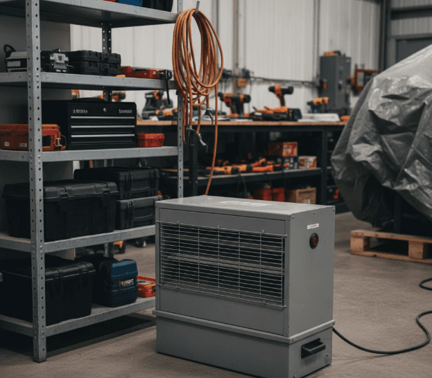 Flagro electric heater warming a construction workspace