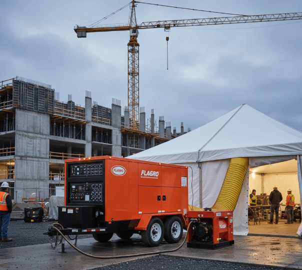 Portable Flagro heater trailer delivering ducted heat to a large event tent