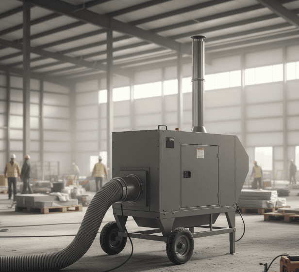 Flagro indirect-fired heater connected to ducting for enclosed workspace heating