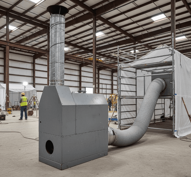 Large Flagro indirect-fired heater warming an enclosed construction structure