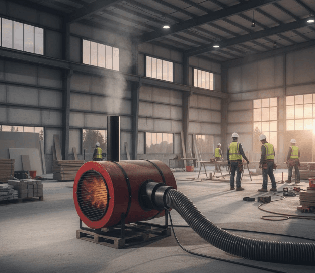Technician servicing a Flagro forced air construction heater